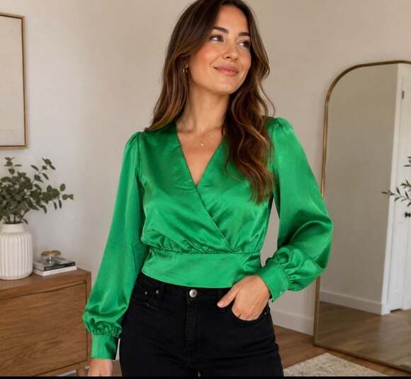 Renee C. Tops - Renee C. USA Green Satin Long Sleeve Wrap Blouse Size M